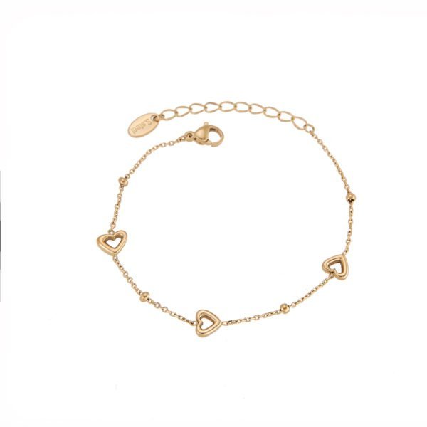 Bracelet or rose avec cœurs et petites boules, bijou élégant et tendance.