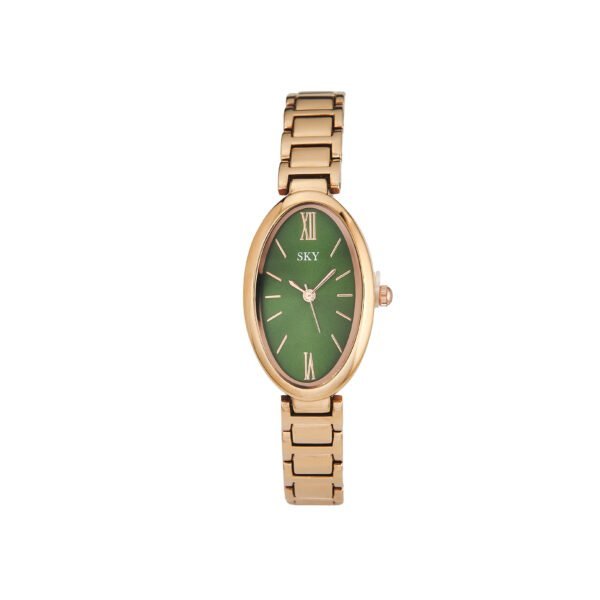 Montre élégante SKY BIJOUX avec bracelet doré et cadran vert sophistiqué.
