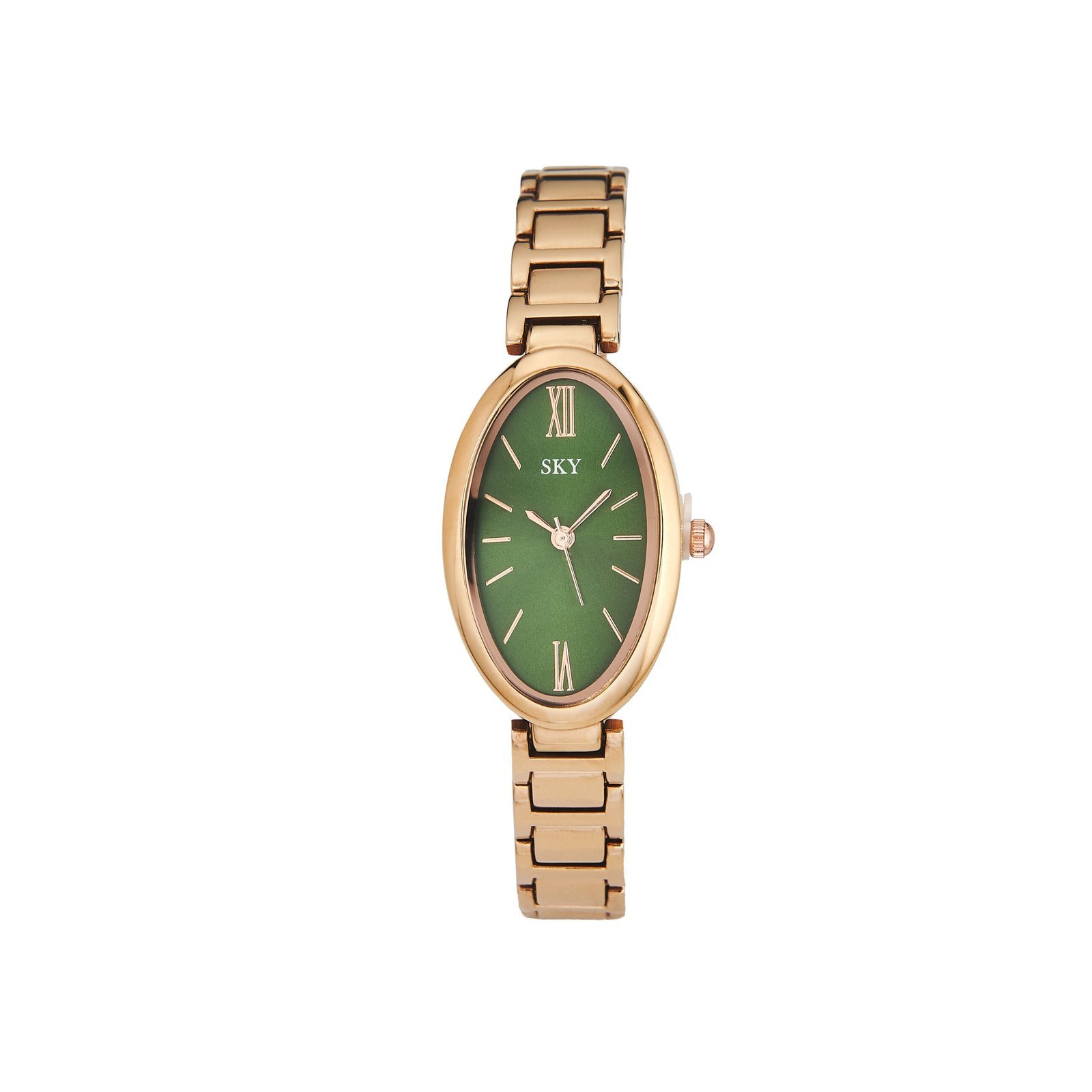 Montre élégante SKY BIJOUX avec bracelet doré et cadran vert sophistiqué.