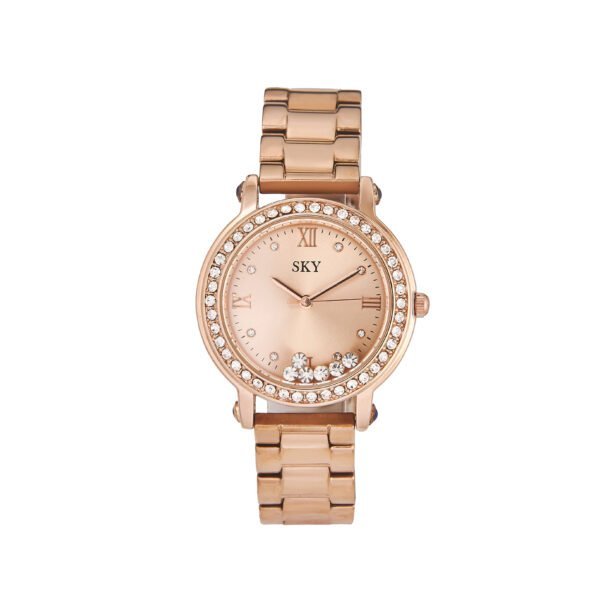 Montre femme élégante avec cristaux Swarovski et bracelet en acier rose doré.
