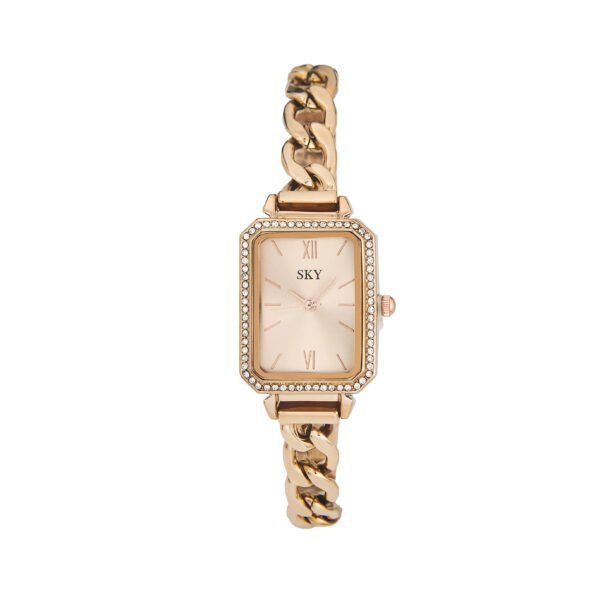 Montre femme or rose avec bracelet chaîne et cadre orné de cristaux Swarovski.