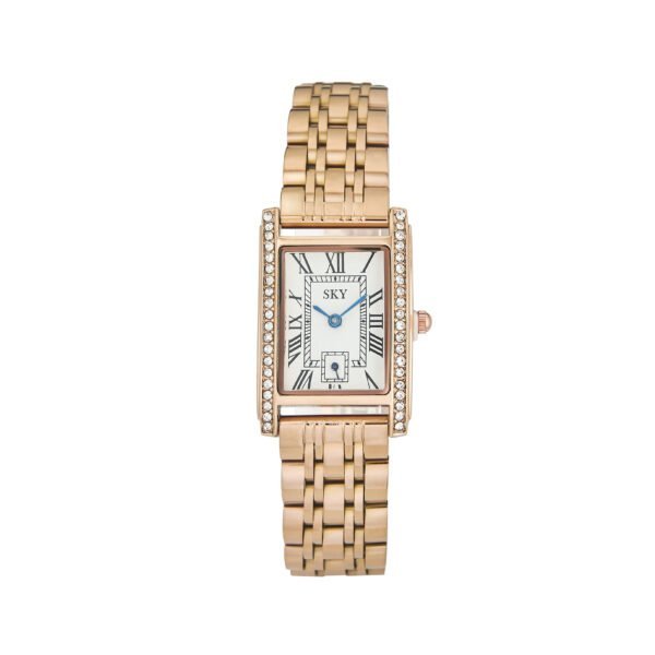 Montre femme élégante en acier inoxydable rose, cadran rectangulaire avec cristaux Swarovski.