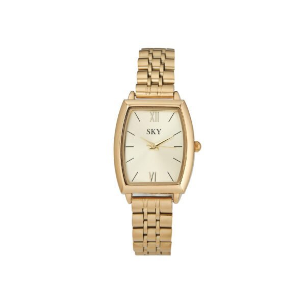 Montre femme élégante SKY BIJOUX dorée à cadran rectangulaire et bracelet en acier inoxydable.