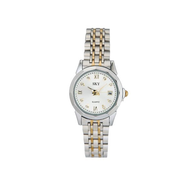 Montre femme élégante avec bracelet en acier bicolore or et argent.