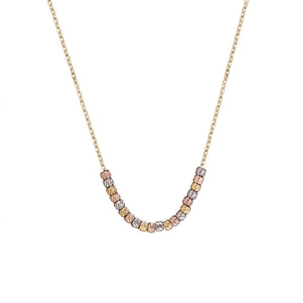 Collier femme avec perles multicolores en or rose, gris, et jaune, élégance chic et raffinée.