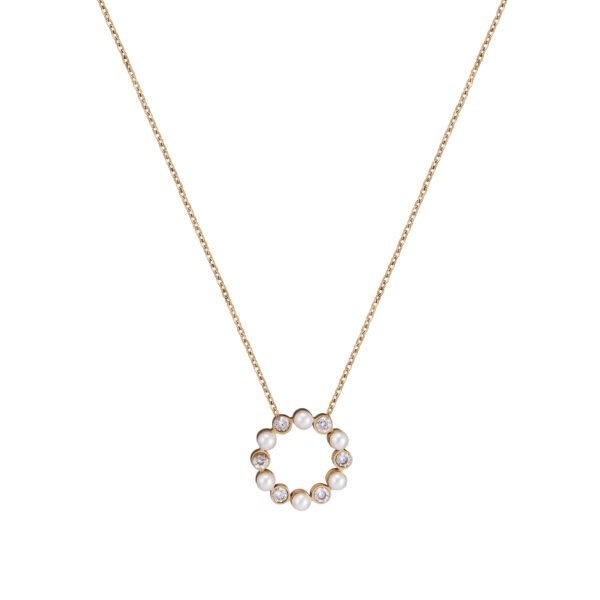 Collier en or avec perles et cristaux, bijou sophistiqué et élégant.