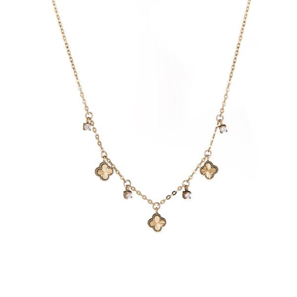 Collier feminin en or avec charms floraux et cristaux, bijou élégant pour femme.