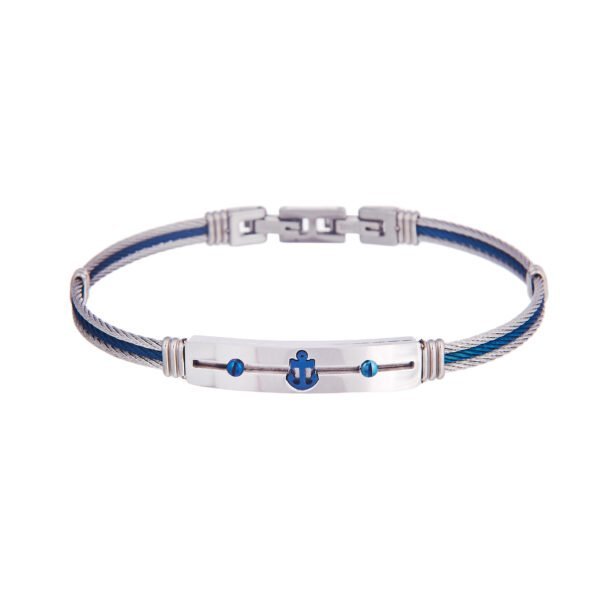 Bracelet nautique en acier et câble tressé, élégant et résistant, avec ancre marine bleu.