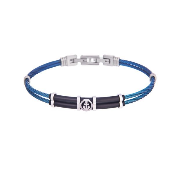 Bracelet homme en acier inoxydable et câble bleu avec logo maritime SKY BIJOUX, bijou élégant et moderne.