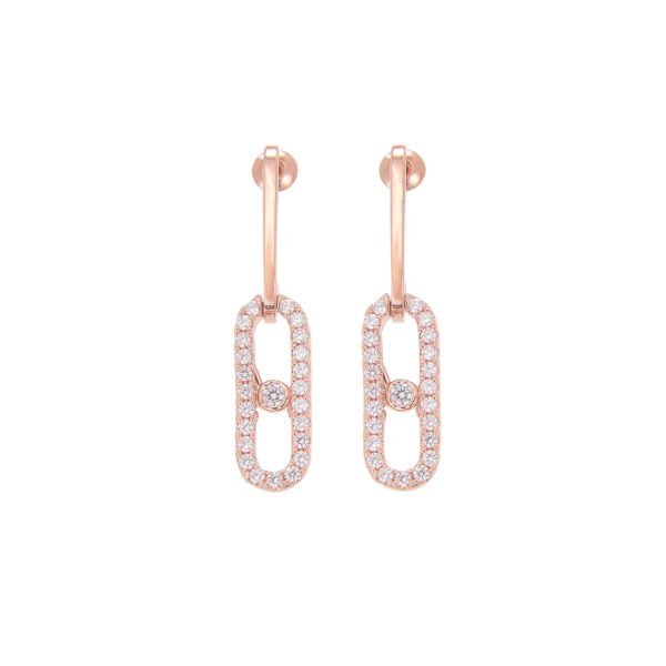 Boucles d'oreilles pendantes en or rose avec diamants pavés et motif géométrique élégant.