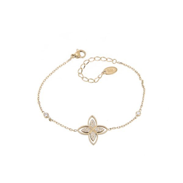 Bracelet doré avec pendentif fleur en zircons, bijou fantaisie élégant et original.