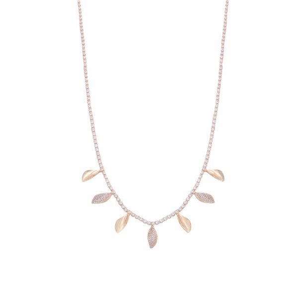Collier élégant en or rose avec cristaux brillants et pendentifs feuilles, bijou de luxe SKY BIJOUX.